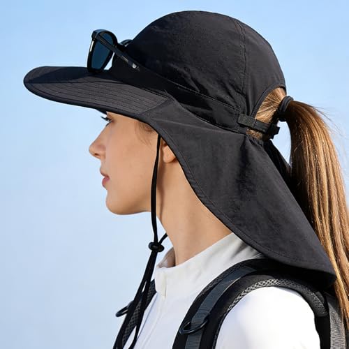 Sun Hats for Men Women with Neck Flap UPF 50+ UV Protection Wide Brim Bucket Hat Safari Hiking Fishing Hats - color: Black