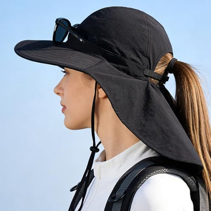 Sun Hats for Men Women with Neck Flap UPF 50+ UV Protection Wide Brim Bucket Hat Safari Hiking Fishing Hats - color: Black