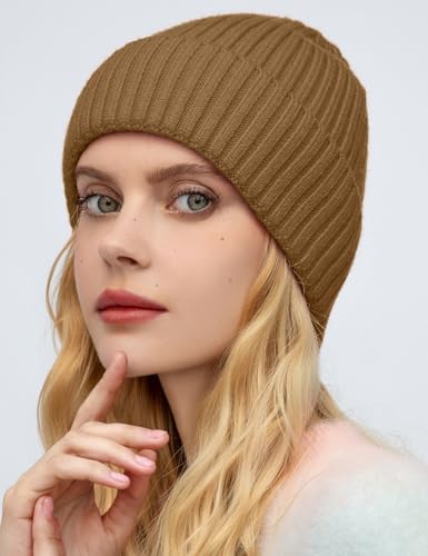 Satin Lined Wool Acrylic Blend Beanie Hat Women Men, Winter Knit Cap - color: Light Coffee