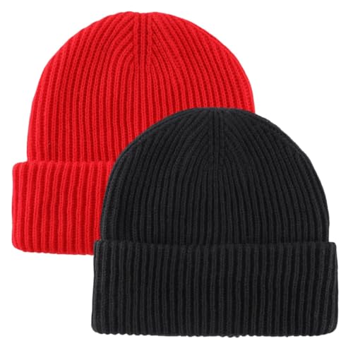 Home Prefer Rib Knit Beanie Hat for Men and Women Cuffed Beanie Winter Hat - color: Black+red
