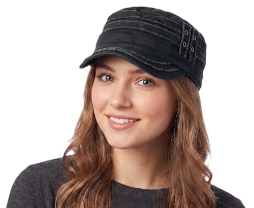 D&Y Unisex 100% Cotton Military Cadet Hat - Distressed Frayed Flat Top Cap - Adjustable Everyday Patrol Hat - color: Dark Gray