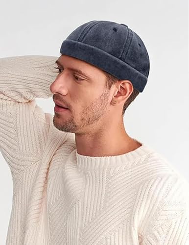 Initlove Docker Hat for Men Vintage Brimless Sailor Hat Beanie Cap - color: Black + Navy