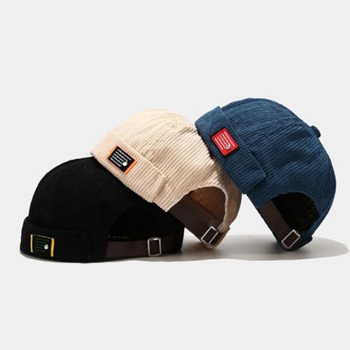 Quanhaigou Brimless Sailor Cap,Adjustable Rolled Cuff Skull Beanie Hats for Men Women - color: Corduroy Black