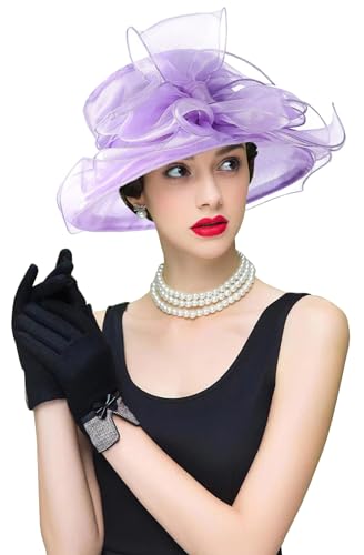 Organza Fascinator Hat - Women’s Wide Brim Church Bridal Tea Party Wedding Hat - color: 01a-light Purple