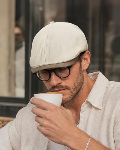 Clakllie Cotton Newsboy Cap Lightweight Short Brim Golf Flat Cap for Men Vintage Ivy Irish Hat Classic Gatsby Driving Beret - color: Cdus-nb25q10-beige