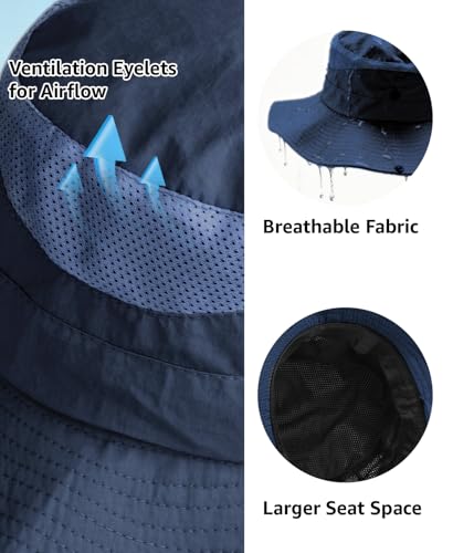 Wide Brim Sun Hat for Men Women, UPF 50+ Waterproof Packable Bucket Boonie Safari Fishing Hat - color: Navy