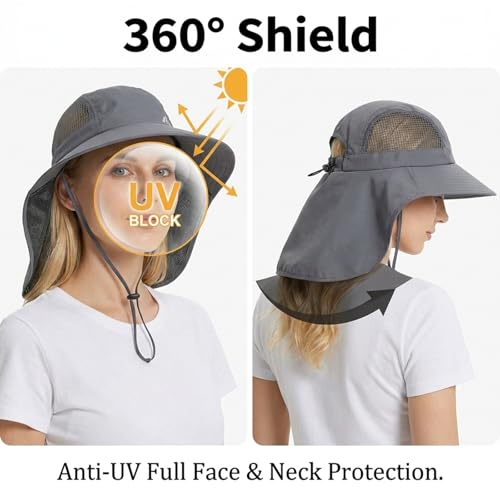 UV Sun Protection Hat Women Foldable Neck Flap Wide Brim Fishing Hat with Ponytail Hole for Women - color: Dark-gray
