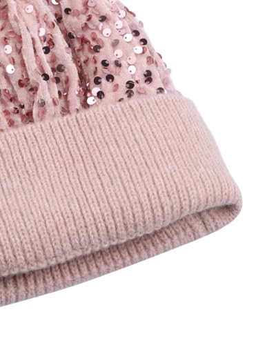 Women Sparkly Sequins Knitted Beanie Hat Warm Winter Skull Cap with Faux Fur Pom Pom - color: X Pink With Knit Cuffs