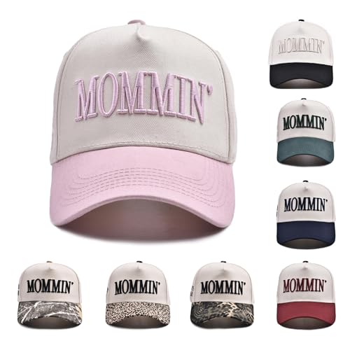 Women’s Mommin Trucker Hat – Vintage Two-Tone Ponytail Baseball Cap, Embroidered Adjustable Hat, Great Gift for Mom & Women - color: Pink