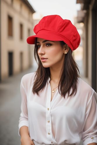Womens Newsboy Cap Summer Beret Cap- 100% Cotton 8 Panels Vintage Cabbie Hat- Octagonal Visor Cap for Women Girls Ladies Gift - color: Red