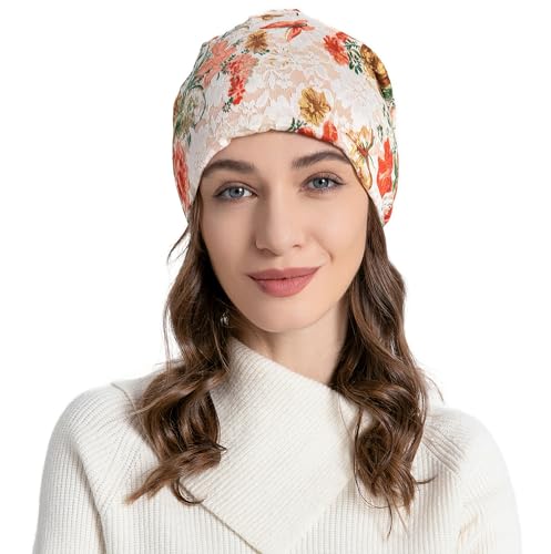 ZLYC Women Lightweight Fleece Slouchy Beanie Warm Winter Hat Chemo Headwear - color: Flower and Butterfly Beige