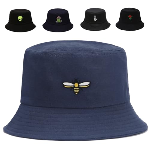 Cotton Bucket Hat for Women Men Summer Travel Sun Beach Bucket Cap, Unisex Outdoor Fisherman Hat - color: Bee Navy Blue
