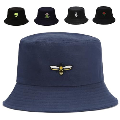 Cotton Bucket Hat for Women Men Summer Travel Sun Beach Bucket Cap, Unisex Outdoor Fisherman Hat - color: Bee Navy Blue