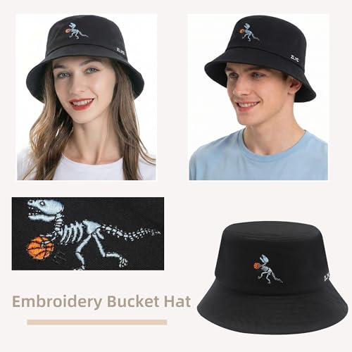 ZLYC Cotton Bucket Hat for Women Men Embroidered Packable Summer Sun Cap - color: Dinosaur Skeleton Black