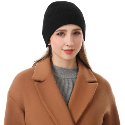 100% Cashmere Beanie for Women and Men, Soft Warm Winter Knit Hat - color: Black