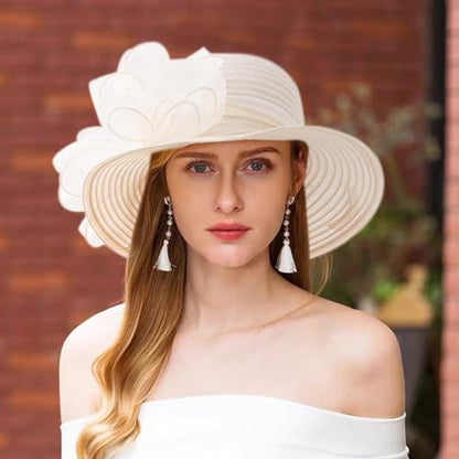 Haoohu Women's Church Derby Hat Wide Brim Bow Bucket Hat Wedding Dress Hat Fascinator Bridal Tea Party Hat - color: Beige