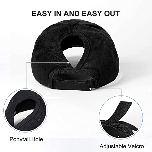 Women Distressed Ponytail Baseball-Hat Cotton Adjustable Baseball-Cap - color: Black