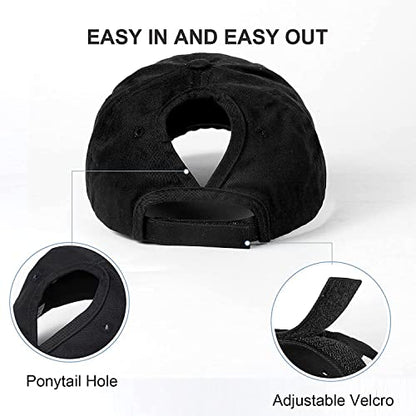 Women Distressed Ponytail Baseball-Hat Cotton Adjustable Baseball-Cap - color: Black