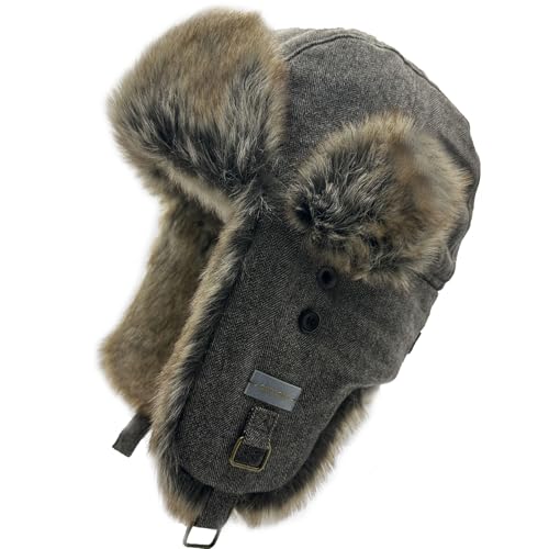 Winter Trapper Hat for Men and Women,Wool Russian Ushanka Aviator Warm Cold Proof Ski Hunting Cycling Winter Hats - color: Brown Herringbone Faux Fur, size: Small-Medium