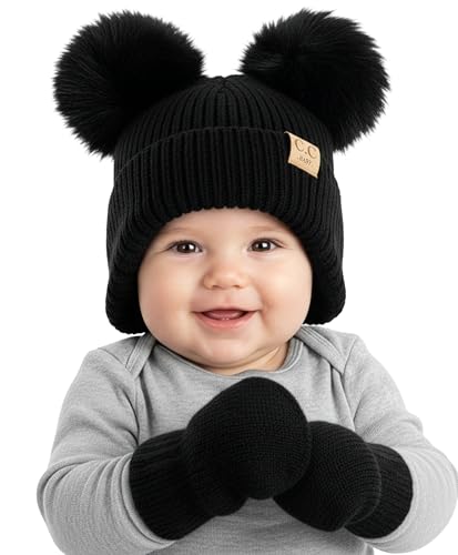 Funky Junque Baby Double Faux Fur Pom Pom Beanie & Mittens Set – Newborn Infant 0–9 Months Winter Hat with Soft Lined Mittens - color: Ear Flap Black W/ Black Mittens (0-9 Months)