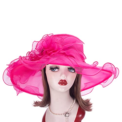Lawliet Womens Dressy Wide Brim Church Wedding Occasion Sun Hat A613 - color: Hot Pink
