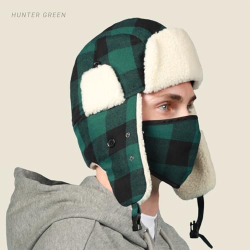 Buffalo Plaid Winter Trapper Hat, Sherpa Lined Ear Flap Hunting Cap Men - color: Buffalo Plaid (Red)