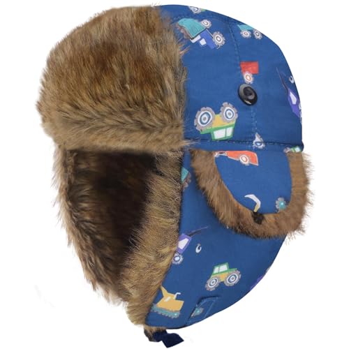 Kids Winter Trappers Hat Toddler Outdoor Windproof Ushanka Ski Cap Ear Flap Chin Strap Snow Hat for 3-8Y - color: D-blue Car, size: Medium