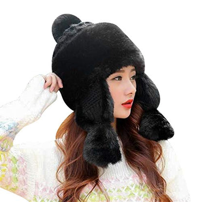 Warmer Faux Fur Trapper Hat for Women, Furry Warm Mongolian Russian Skiing Winter Cold Windproof Earflap Outdoor Cap - color: Black