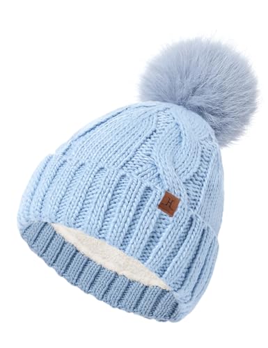 DS DADOU&XIAOSHAN Winter Hats for Women, Fleece Lined Beanie with Pom Pom, Girls Womens Knit Hat Beanies Toboggan - color: Sky Blue