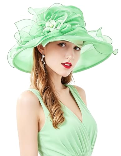 Women Derby Fascinator Hat Organza Church Wedding Hats Wide Brim Cocktail Tea Party Hat - color: 07 Mint Green