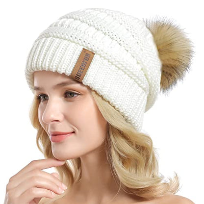 Women Knit Slouchy Beanie Chunky Baggy Hat with Faux Fur Pompom Winter Soft Warm Ski Cap - color: A4-white 2