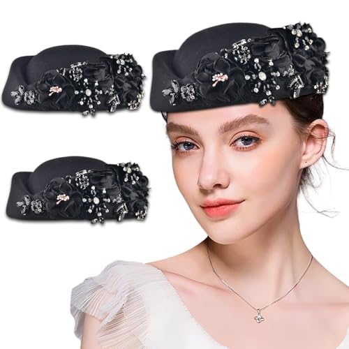 Women's Retro Stewardess Felt Hat, British Berets, Rhinestone Flower Decor, Ladies' Church Derby Hat - color: Black