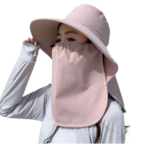 UPF 50+ 3-in-1 Sun Hat for Women, Wide Brim UV Protection Visor Hat with Detachable Neck Flap & Face Cover - color: Pink