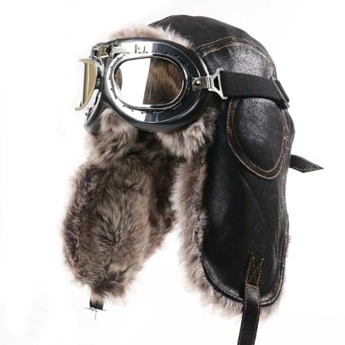 Harssidanzar Leather Outdoor Cycling Windproof Harley Goggles, Warm Pilot's hat,DU303 - color: Black