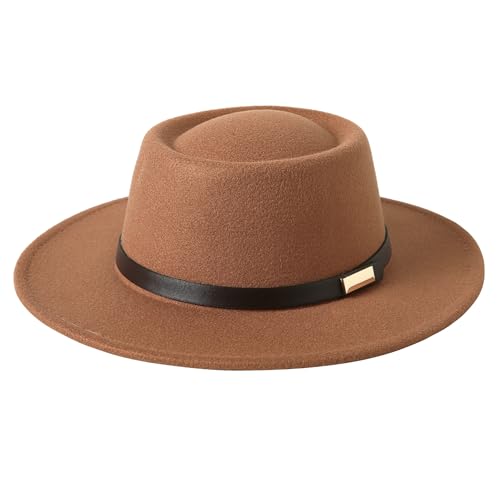 Lanzom Women Vintage Wide Brim Warm Wool Fedora Hat Belt Panama Hat Felt Jazz Hat - color: A-khaki