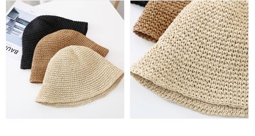 Women's Straw Bucket Hat Summer Mesh Woven Sun Beach Hat Foldable Fisherman Caps Hats - color: Beige