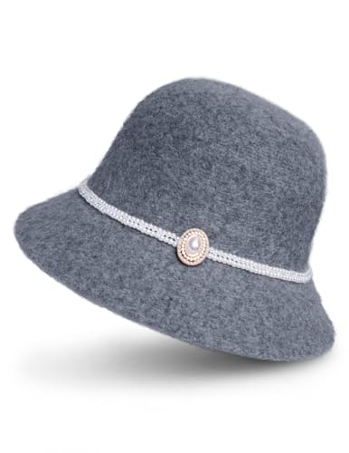 Dahlia Women's Winter Hat - Wool Vintage Cloche/Bucket Hat, Daisy Flower - color: Faux Pearl Gray