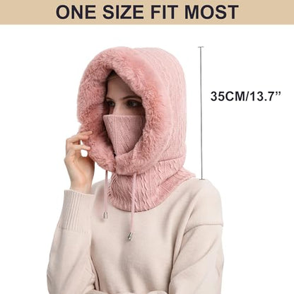 HUAMULAN Women Cable Knit Balaclavas Winter Fleece Lined Beanie Hat - color: Pink