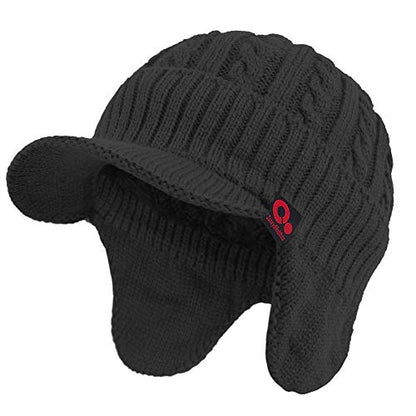 Women's Winter Cable Knitted Visor Beanie Fleece Lining Ear Flap Baseball Cap Hunting Trapper Hat with Billed - color: Black
