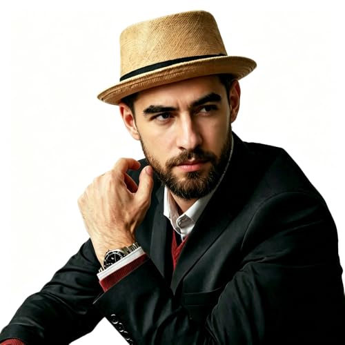 Unisex Adults Men Women Straw Pork Pie Hats Summer Sunhats Outdoor Fedora Party Trilby Caps US Size 7 1/8-7 1/4 UK Size M-L - color: Khaki