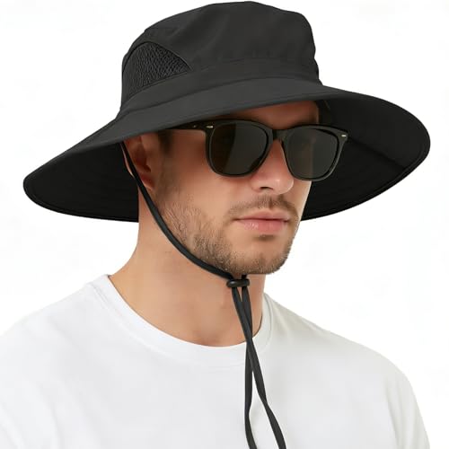 Wide Brim Sun Bucket Hat, Waterproof Boonie Hat for Men & Women - color: 01 Black
