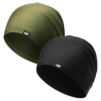 LONGLONG 2 Pack Summer Cooling Beanies Breathable Skull Caps Fits Big Heads - color: Black+army Green