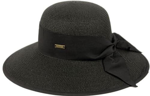 Women’s Panama Hat – Wide Brim Straw Sun Hat, Lightweight Breathable Summer Beach Hat with Ribbon Bow for Travel Vacation - color: Balck