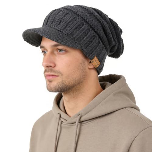Ruphedy Mens Beanie with Brim Winter Hat Knitted Thick Fleece Visor Beanie - color: B320-grey