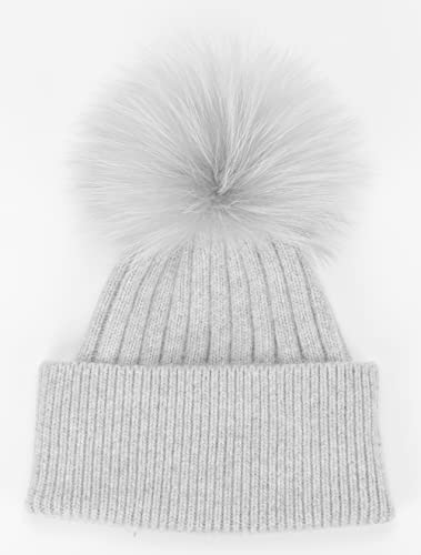 Women's Winter Ribbed Cuffed Beanie Skull Cap with Genuine Raccoon Fur Pom - color: Rc Grey