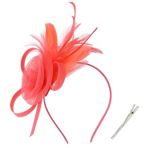 AMCAMI Fascinators Hats with Feather for Women 2026 Derby Hats Small Tea Party Hat with Headband - color: Coral Red