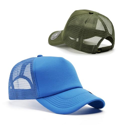 2-Pack Classic Foam Trucker Hat Summer Mesh Hat Lightweight Adjustable Back Buckle Strap - color: Blue/Green