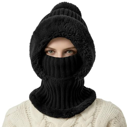 AQOKKA 3 in 1 Knit Fleece Lined Beanie Hat with Scarf and Mask Warm - color: Black