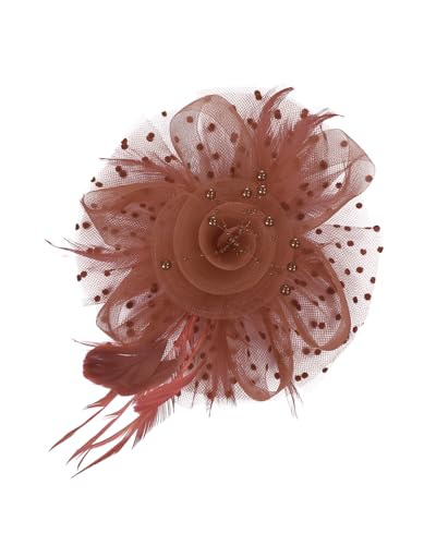 Century Star 2026 Kentucky Hat Derby Fascinator for Women Tea Party Flower Mesh Ribbons Feathers Headband Hair Clips - color: Red Coffee