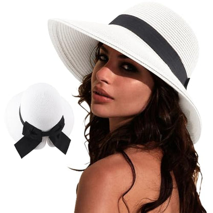 DRESHOW Sun Hats for Women Travel Fedora Foldable Beach Sun Hat Summer Wide Brim Straw Bucket Hat with Bowknot UPF 50+ - color: 1 Pack Bowknot Straw Hat: White